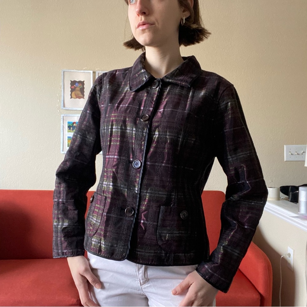 Plaid metallic iridescent lightweight jacket with peter pan collar REVERSIBLE